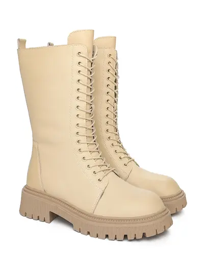 Сапоги бежевые кожаные на шнуровке